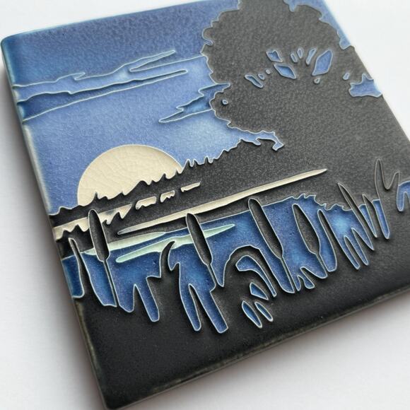 Motawi Tileworks Marsh Moon Ceramic Pottery Tile 6" x 6" Yoshiko Yamamoto - Picture 3 of 4
